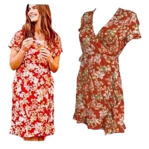 J. Jill Papaya Authentic Wrap Dress  Floral Peach & Red Womens Size Medium